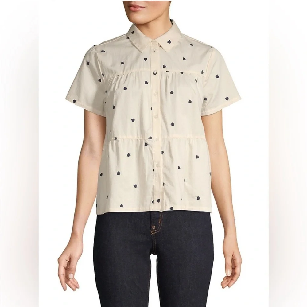 SOLD E Madewell Seamed Heart Print Button Down Short Sleeve Shirt Womens Medium - Picture 1 of 11